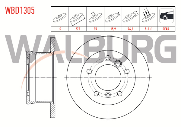 WALBURG WBD1305 | Fren Diski Arka Düz 5 Bjn 271,2X15,9X85x96,6 Volkswagen Lt 28-35 II 2.5 TDI-2.8 TDI 1996-2006 / Mercedes Sprinter 2T 208D-210D-213Cdı 1995-2006 / Sprinter 3,5T 315-316 CDI 2006-2009 | 2 Adet