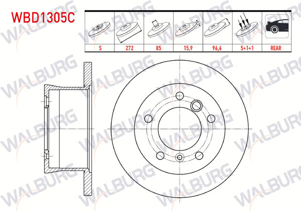 WALBURG WBD1305C | Fren Diski Arka Düz Kaplamalı 5 Bjn 271,2X15,9X85x96,6 Volkswagen Lt 28-35 II 2.5 TDI-2.8 TDI 1996-2006 / Mercedes Sprinter 2T 208D-210D-213Cdı 1995-2006 / Sprinter 3,5T 315-316 CDI 2006-2009 | 2 Adet