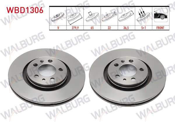 WALBURG WBD1306 | Fren Diski Ön Havalı 5 Bjn 279,9X22x65x36,5 Golf IV 1.4İ 16V-1.6İ 16V 1997-2005 / Bora 1.4İ 16V-1.9 TDI 1998-2005 / A3 1.8-1.9 TDI 1996-2003 / Leon 1.4 16V-1.9 TDI 1999-2006 / Octavia 1.4İ 16V-1.6İ 1996-2004 | 2 Adet