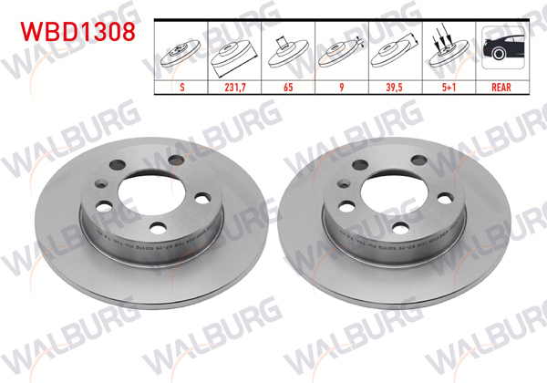 WALBURG WBD1308 | Fren Diski Arka Düz 5 Bjn 230X9x65x40,6 VW Golf IV 1997-2005 / T-Cross 2018-/ Bora 1998-2005 / Polo 1999-2020 / Audi A3 1996-2003 / Seat Leon 1999-2006 / Skoda Octavia 1996-2004 / Fabia 2000-2020 | 2 Adet