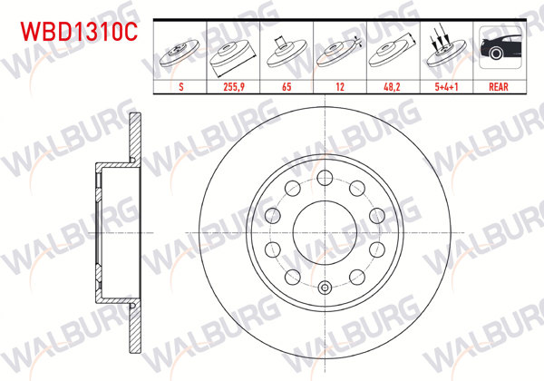 WALBURG WBD1310C | Fren Diski Arka Düz Kaplamalı 5 Bjn 255,9X12x65x48,2 Golf V-VI 1.4 TSI-1.6 TDI 2003-2013 / Caddy III 1.6 TDI-1.9 TDI 2004-201 / Jetta III 1.4 TSI-1.6İ 2005-2010 / Touran 1.4 TSI-1.6 TSI-2.0 TDI 2003-2010 | 2 Adet