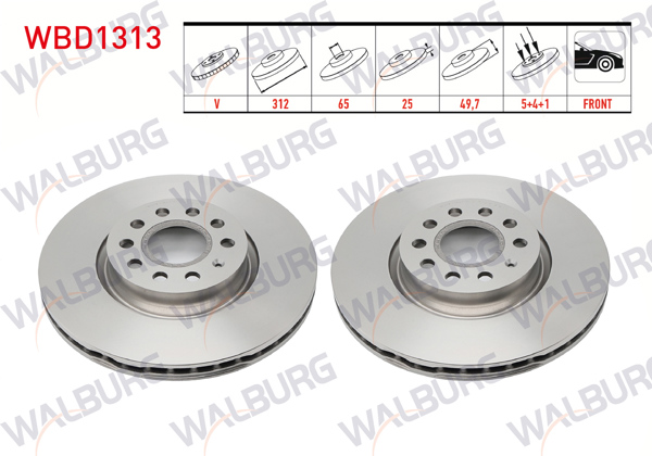 WALBURG WBD1313 | Fren Diski Ön Havalı 5 Bjn 312X25x65x49,7 Golf V 1.4Tsı-1.6 TDI 2003-2009 / Caddy III 2.0 TDI 2004-2015 / Golf VI 1.6İ 2008-2013 / Scirocco 1.4 TSI 2008-/ Skoda Superb 1.6 TDI 2015-/ Passat 1.6 TDI 2008-2012 | 2 Adet