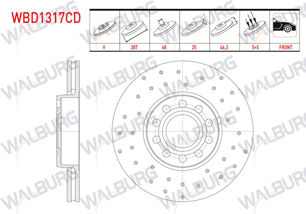 WALBURG WBD1317CD | Fren Diski Ön Havalı Kaplamalı Performans Delikli 5 Bjn 287X25x68x46,3 Volkswagen Passat (3B3) 1.6 2000-2005 / Passat (3B2) 1.8 T 1996-2000 / Passat (3B2) 1.9 TDI 1996-2000 / Passat (3B3) 1.9 TDI 2000-2005 / Passat | 2 Adet