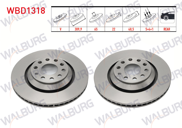WALBURG WBD1318 | Fren Diski Arka Havalı 5 Bjn 309,9X22x65x48,5 Golf V-VI-VII-VIII 03-/ Arteon 17-/ Passat B6-B7-B8 05-/ Tiguan 16-/ T-Roc 17-/ Kodiaq 16-/ Octavia III-IV 16-/ Superb II-III 08-/ Leon 13-/ A3 07-| 2 Adet