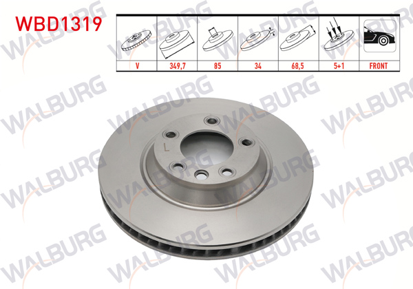 WALBURG WBD1319 | Fren Diski Ön Sol Havalı 5 Bjn 18 Jant 349,7X34x85x68,5 Volkswagen Touareg 2.5 R5 TDI-3.2İ-4.2 V8-5.0 V10 TDI-3.0 V6 TDI 2002-2010 / Porsche Cayenne 3.0 TDI-3.2İ-S4.5İ-S4.8İ 2002-2010