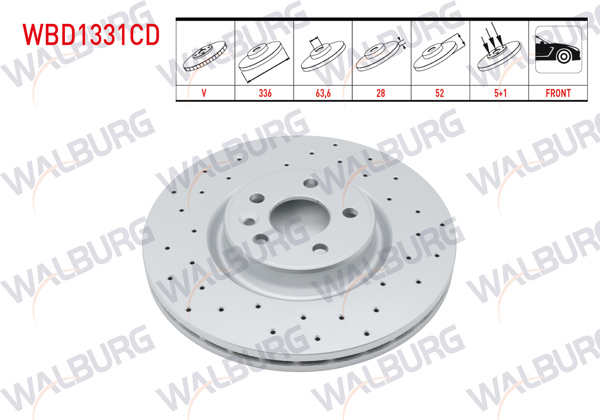 WALBURG WBD1331CD | Fren Diski Ön Havalı Kaplamalı Performans Delikli 5 Bjn 336X28x63,6X52 Volvo S60 II T3-T4-T5-D3-D5 18-19 Jant 2010-/ S80 II D3-5-T5-6 2006-/ V60 T6-5-D5-3 2010-/ V70 III 2006-/ Xc70 II D3-5 2007 -