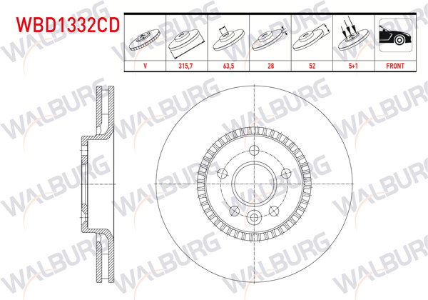 WALBURG WBD1332CD | Fren Diski Ön Havalı Kaplamalı Performans Delikli 5 Bjn 315,7X28x63,5X52 Volvo S60 II T3-T4-D3-2.0T 17 Jant 2010-/ S80 II D3-T5 2006-/ V60 T6-D5-1.6D 2010-/ V70 III 2.0 T-1.6D-2.0D 2006-/ Xc70 II D3 2007-| 2 Adet