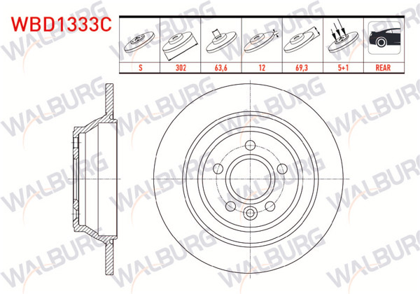 WALBURG WBD1333C | Fren Diski Arka Düz Kaplamalı 5 Bjn 302X12x63,6X69,3 Volvo S60 II T3-T4-T5-D3-D5-2.0T 2010-/ S80 II D3-D5-T5-T6 2006-/ V60 T6-T5-D3-D5-1.6D-2.0T 2010-/ V70 III 2.0 T-1.6D-2.0D 2006-/ Xc70 II D3-D5-3.2İ | 2 Adet