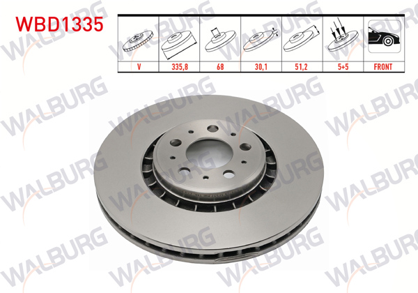 WALBURG WBD1335 | Fren Diski Ön Havalı 5 Bjn 17 Jant 335,8X30,1X68x51,2 Volvo Xc90 I 3.2İ 2002-2014 / Xc90 I 2.5 T 2002-2014 / Xc90 I D3 2002-2014 / Xc90 I D5 2002-2014 / Xc90 I T6 2002-2014 | 2 Adet
