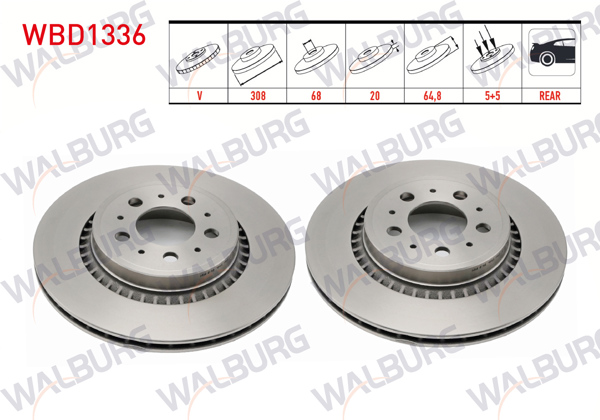 WALBURG WBD1336 | Fren Diski Arka Havalı 5 Bjn 308X20x68x64,8 Volvo Xc90 I 3.2İ 2002-2014 / Xc90 I 2.5 T 2002-2014 / Xc90 I D3 2002-2014 / Xc90 I D5 2002-2014 / Xc90 I T6 2002-2014 | 2 Adet