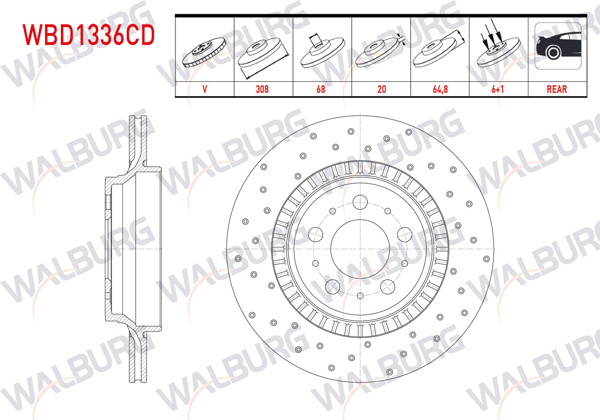 WALBURG WBD1336CD | Fren Diski Arka Havalı Kaplamalı Performans Delikli 5 Bjn 308X20x68x64,8 Volvo Xc90 I 3.2İ 2002-2014 / Xc90 I 2.5 T 2002-2014 / Xc90 I D3 2002-2014 / Xc90 I D5 2002-2014 / Xc90 I T6 2002-2014 | 2 Adet