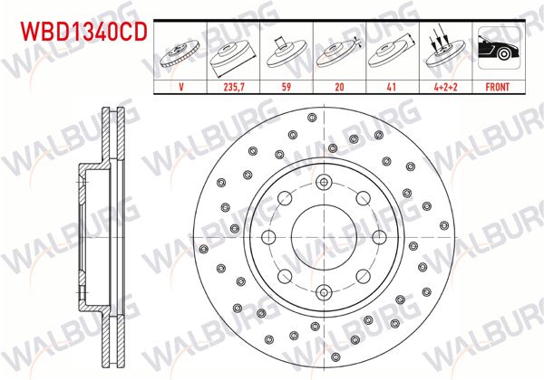 WALBURG WBD1340CD | Fren Diski Ön Havalı Kaplamalı Performans Delikli 4 Bjn 235,7X20x59x41 Chevrolet Kalos (T200) 1.2-1.4-2003-2008 / Aveo (T250) 1.2İ-1.4İ 2006-2011 | 2 Adet