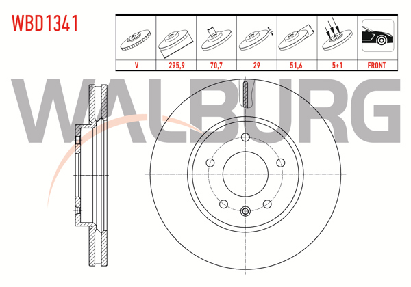 WALBURG WBD1341 | Fren Diski Ön Havalı 5 Bjn 295,9X29x70,7X51,6 Chevrolet Captiva (C100) 2.0 D 2006-2012 / Opel Antara 2.0 CDTI 2007-/ Chevrolet Captiva (C140) 2.0 D 2012-2014 | 2 Adet