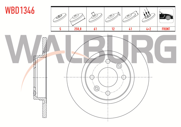 WALBURG WBD1346 | Fren Diski Ön Düz 4 Bjn 258,8X12x61x41 Dacia Logan (Ls) 1.5 DCI 2004-2012 / Logan Mcv (Ks) 1.5 DCI 2007-2013 / Sandero 1.4İ-1.6İ-1.5 DCI 2008-2013 / Logan Mcv 1.2 16V 2007-2013 | 2 Adet