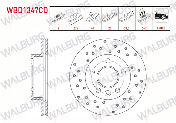 WALBURG WBD1347CD | Fren Diski Ön Havalı Kaplamalı Performans Delikli 5 Bjn 235X20x61x50,5 Dacia Logan Pick-Up 1.5 DCI 2007-| 2 Adet