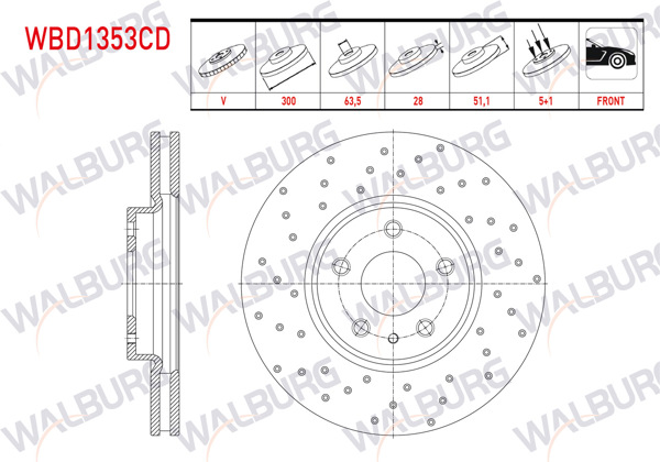 WALBURG WBD1353CD | Fren Diski Ön Havalı Kaplamalı Performans Delikli 5 Bjn 300X28x63,5X51,1 Ford Mondeo V 1.6 TDCI 2014-/ Mondeo V 1.5 Ecoboost 2014-/ Mondeo V 2.0 TDCI 2014 | 2 Adet