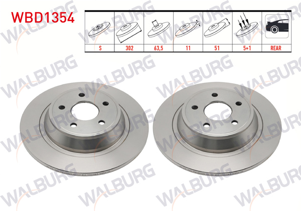 WALBURG WBD1354 | Fren Diski Arka Düz 5 Bjn 302X11x63,5X51 Ford Mondeo V 1.6 TDCI 2014-/ Mondeo V 1.5 Ecoboost 2014-/ Mondeo V 2.0 TDCI 2014-| 2 Adet