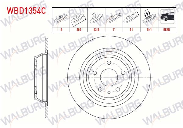 WALBURG WBD1354C | Fren Diski Arka Düz Kaplamalı 5 Bjn 302X11x63,5X51 Ford Mondeo V 1.6 TDCI 2014-/ Mondeo V 1.5 Ecoboost 2014-/ Mondeo V 2.0 TDCI 2014-| 2 Adet