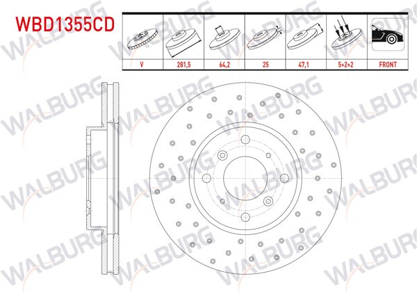 WALBURG WBD1355CD | Fren Diski Ön Havalı Kaplamalı Performans Delikli 4 Bjn 281,5X25x64,2X47,1 Honda Accord VI (Cg,Ck) 2.0İ 16V 1997-2003 / Accord VI (Cg,Ck) 1.6İ 1997-2003 / Accord VI (Cg,Ck) 1.8İ 1997-2003 | 2 Adet