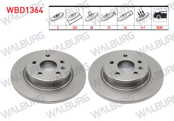 WALBURG WBD1364 | Fren Diski Arka Düz 5 Bjn 264X10x60x44 5Opel Astra K 1.6 CDTI-1.6İ-1.4İ 15 Jant 2015-| 2 Adet