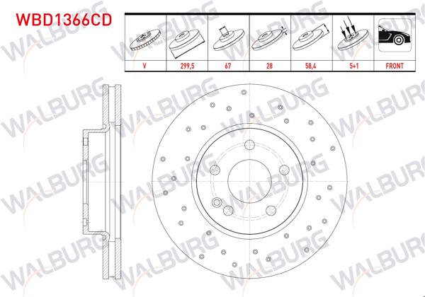 WALBURG WBD1366CD | Fren Diski Ön Havalı Kaplamalı Performans Delikli 5 Bjn 299,50X28x67x58,40 Mercedes Vito 111 CDI-110 CDI-115 CDI-109 CDI-113 CDI-116 CDI-2.0 CDI-2.2 CDI-2003-2014 | 2 Adet