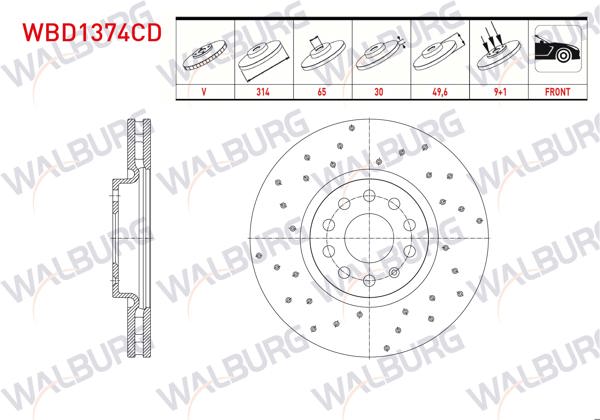 WALBURG WBD1374CD | Fren Diski Ön Havalı Kaplamalı Performans Delikli 5 Bjn 314X30x65x49,60 Volkswagen Tiguan 1.4 TSI-1.6 TDI-2.0 TDI-2016-/ Kodiaq 2.0 TDI-1.4 TSI 2017-| 2 Adet