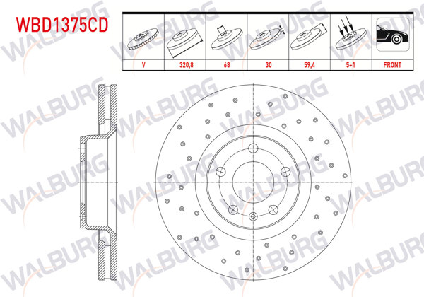 WALBURG WBD1375CD | Fren Diski Ön Havalı Kaplamalı Performans Delikli 5 Bjn 320,80X30x68x59,40 Audi A6 2.0 TDI-2.7 TDI-3.0 TDI-2.0 TFSI-2.4-3.0 TFSI-3.2 FSI-4.2 2004-2011