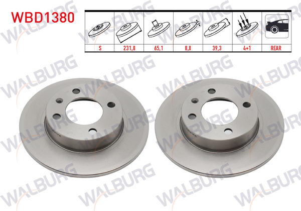 WALBURG WBD1380 | Fren Diski Arka Düz 4 Bjn 231,80X8,80X65,10X39,30 Volkswagen Polo 1.6 1995-2001 / Polo 1.4 TDI 1995-2001 / Polo Classic 1.6 1995-2001 / Cordoba 1.9 TDI-1.6 1999-2002 / Ibiza II 1.9 TDI-1.6İ 1993-2002 | 2 Adet