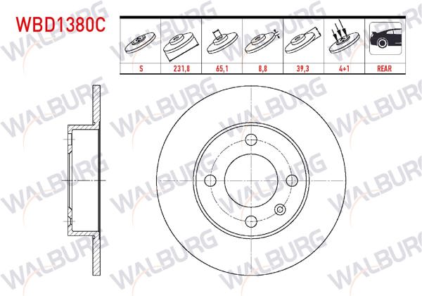 WALBURG WBD1380C | Fren Diski Arka Düz Kaplamalı 4 Bjn 231,80X8,80X65,10X39,30 Volkswagen Polo 1.6 1995-2001 / Polo 1.4 TDI 1995-2001 / Polo Classic 1.6 1995-2001 / Cordoba 1.9 TDI-1.6 99-02 / Ibiza II 1.9 TDI-1.6İ 93-02 | 2 Adet