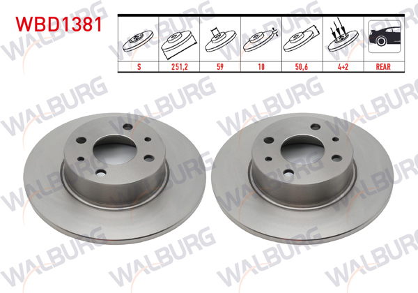 WALBURG WBD1381 | Fren Diski Arka Düz 4 Bjn 251,20X10x59x50,60 Linea 1.6 Mjt 2007-/ Bravo II 1.4İ-1.6 Mjt 2006-/ Stilo 1.4 16V-1.6 16V-1.9 JTD 2001-2010 / A.Romeo 164 2.0 Ts 1987-1998 / Lancıa Delta III 1.6 D 2008-| 2 Adet