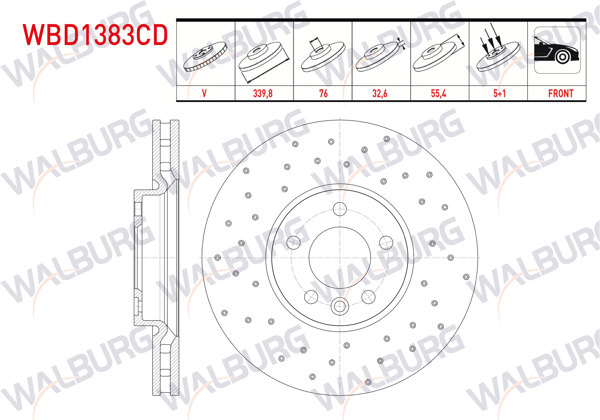 WALBURG WBD1383CD | Fren Diski Ön Havalı Kaplamalı Performans Delikli 5 Bjn 339,80X32,60X76x55,40 Volkswagen Passat 2.0 TDI 2008-2012 / Passat 1.4 TSI 2008-2012 / Passat 1.8 TSI 2008-2012 / Passat 2.0 TSI 2008-2012 / CC 1.4 TSI | 2 Adet