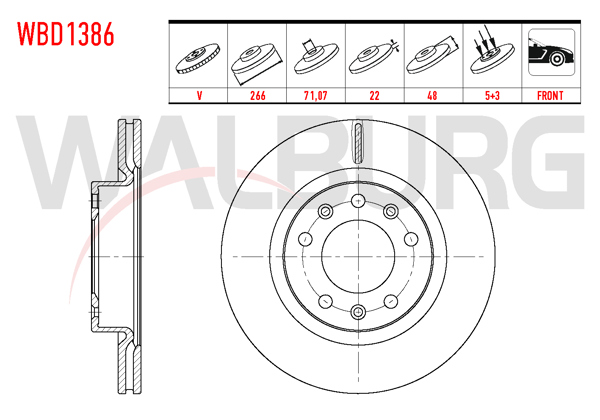 WALBURG WBD1386 | Fren Diski Ön Havalı 5 Bjn 266X22x71,07X48 Peugeot 308 II 1.6 HDI 2014 / 308 II 1.2 Thp 2014-/ 308 II 1.2 VTI 2014-/ 308 II 1.6 Thp 2014-| 2 Adet