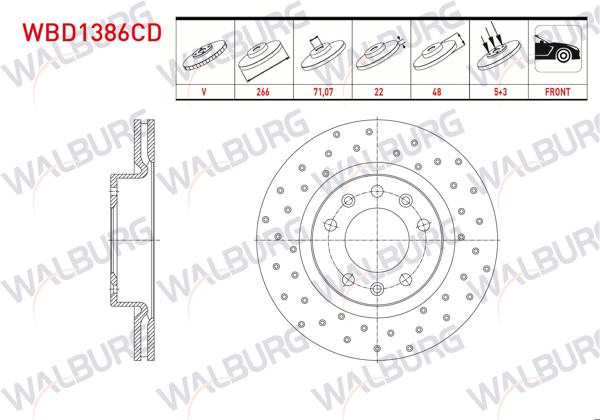 WALBURG WBD1386CD | Fren Diski Ön Havalı Kaplamalı Performans Delikli 5 Bjn 266X22x71,07X48 Peugeot 308 II 1.6 HDI 2014 / 308 II 1.2 Thp 2014-/ 308 II 1.2 VTI 2014-/ 308 II 1.6 Thp 2014-| 2 Adet