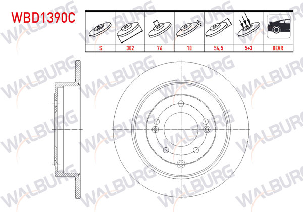 WALBURG WBD1390C | Fren Diski Arka Düz Kaplamalı 5 Bjn 302X10x54,5X76 Kia Sportage 1.6 GDI (Elektronık El Frenı Yok) 2015-/ Kia Sportage 2.0 CRDI 2015-/ Hyundai Tucson (Tle) 1.6 GDI-1.6 T-GDI 2015-| 2 Adet