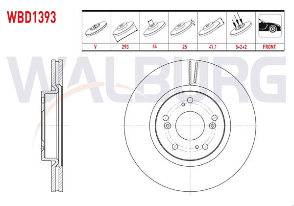 WALBURG WBD1393 | Fren Diski Ön Havalı 5 Bjn 293X25x64x47,1 Honda Civic Ix 1.6 I-Dtec 16 Jant 2012-2016 | 2 Adet