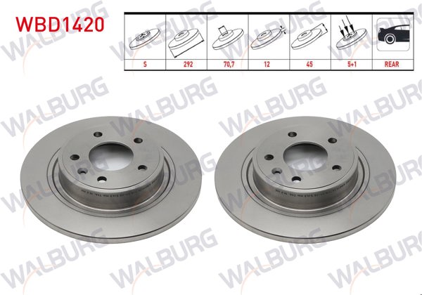 WALBURG WBD1420 | Fren Diski Arka Düz 5 Bjn 292X12x70,7X45 Opel Astra J 16 Jant 1.3 CDTI-1.6 CDTI 2009-2016 / Astra J 1.4 T-1.4İ-1.6 T-1.6İ 2009-2016 / Zafira C 1.6 CDTI 2014-/ Chevrolet Cruze 1.6 2009-2014 | 2 Adet