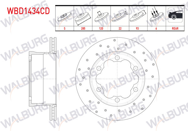 WALBURG WBD1434CD | Fren Diski Arka Havalı Kaplamalı Performans Delikli 6 Bjn 285X22x120x93 M.Benz Sprinter 208 CDI-211 CDI / 308 CDI-311 CDI / 411 CDI-413 CDI 1995-2006 / VW Lt 28-46 II 2.5 TDI-2.8 TDI 1996-2006 | 2 Adet