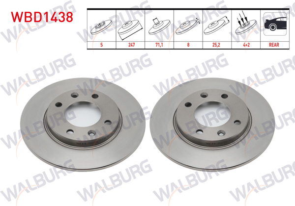 WALBURG WBD1438 | Fren Diski Arka Düz 4 Bjn 247X8x71,1X25,2 Peugeot 306 1.6İ 1993-2002 / 106 Gtı 1996-2005 / Citroen Xsara 1.6İ 1997-2005-Saxo 1.6 Vts 1996-2004 | 2 Adet