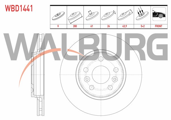 WALBURG WBD1441 | Fren Diski Ön Havalı 5 Bjn 279,8X24x61x43,9 Renault Kangoo 1.5 DCI-1.6 16V 1998-/ M.Benz Cıtan (415) 1.5 CDI 2012-| 2 Adet