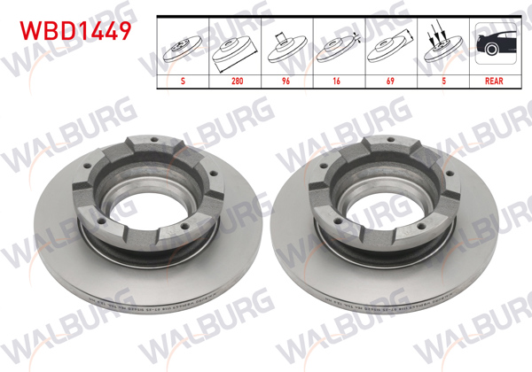 WALBURG WBD1449 | Fren Diski Arka Düz 5 Bjn ABS'li 280X16x96x69 Ford Transit (V347)-(V348) 2.2 TDCI 2006-2004 | 2 Adet