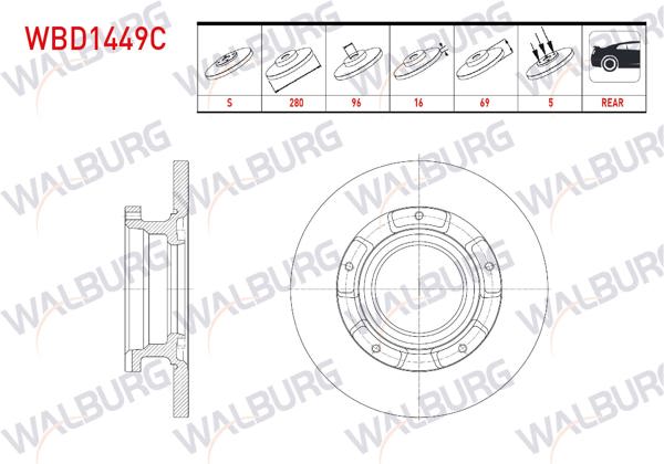 WALBURG WBD1449C | Fren Diski Arka Düz Kaplamalı 5 Bjn ABS'li 280X16x96x69 Ford Transit (V347)-(V348) 2.2 TDCI 2006-2004 | 2 Adet