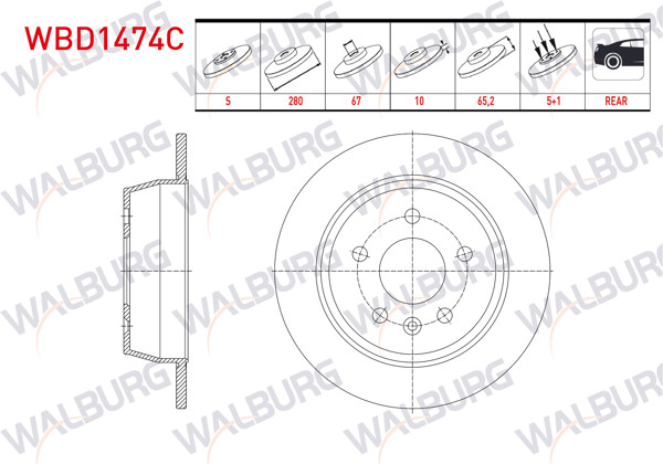 WALBURG WBD1474C | Fren Diski Arka Düz Kaplamalı 5 Bjn 280X10x67x65,2 Mercedes Vito (638) 108 CDI-110 CDI-112 CDI 1997-2003 | 2 Adet