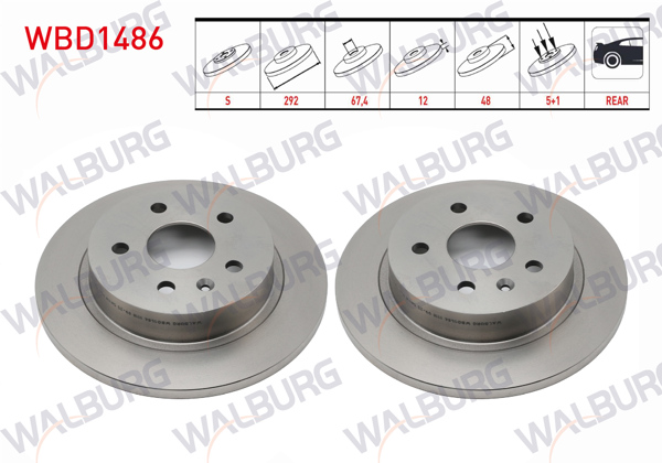 WALBURG WBD1486 | Fren Diski Arka Düz 5 Bjn 292X12x67,4X48 Opel Insignia A 1.4 T-1.6İ-1.6 CDTI-1.6 T-2.0 CDTI 2008-2017 | 2 Adet