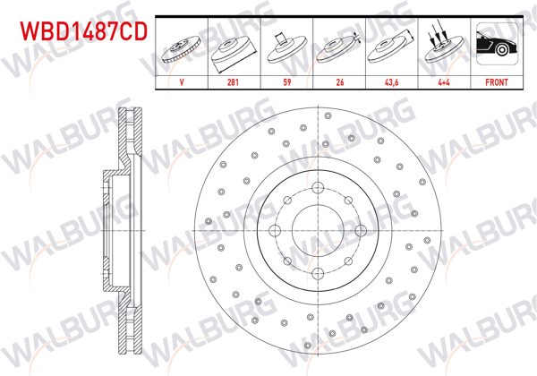 WALBURG WBD1487CD | Fren Diski Ön Havalı Kaplamalı Performans Delikli 4 Bjn 281X26x59x43,6 Fiat Bravo 1.4İ-1.4 T-Jet 2006-2014 / Alfa Romeo Mıto 1.3 JTD-1.4 T-1.6 JTD 2008-| 2 Adet