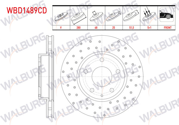 WALBURG WBD1489CD | Fren Diski Ön Havalı Kaplamalı Performans Delikli 5 Bjn 280X25x68x51,5 Mazda 3 (Bm) 1.5 Skyactive-D-1.5 Skyactive-G 2013-/ Cx-3 (Dk) 1.5 Skyactive-D 2016-| 2 Adet