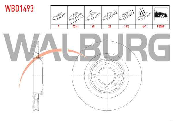 WALBURG WBD1493 | Fren Diski Ön Havalı 4 Bjn 279,8X22x65x39,2 Volkswagen Passat (3A2,35I) 1.8 1988-1997 / Seat Ibiza II (6K1) 1.8İ 16V 1993-2002 | 2 Adet