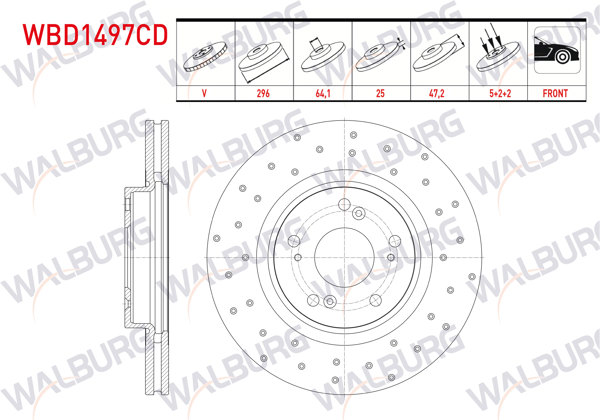WALBURG WBD1497CD | Fren Diski Ön Havalı Kaplamalı Performans Delikli 5 Bjn 296X25x64,1X47,2 Honda Accord VIII (Cu) 2.0 I-Vtec 2008-2015 | 2 Adet