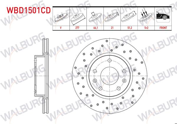 WALBURG WBD1501CD | Fren Diski Ön Havalı Kaplamalı Performans Delikli Land Rover Freelander (Ln) 2.0 Td4 5 Bjn 277X21x66,1X51,2 1998-2007 | 2 Adet