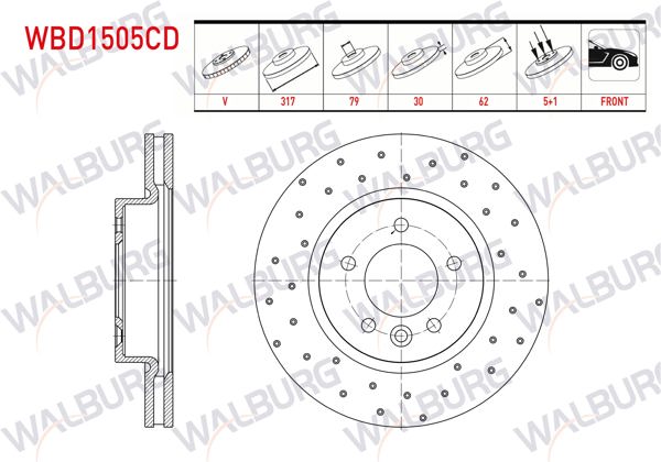 WALBURG WBD1505CD | Fren Diski Ön Havalı Kaplamalı Performans Delikli Land Rover Discovery III (Taa) 2.7 V6 TDI 5 Bjn 317X30x79x62 2004-2010 | 2 Adet