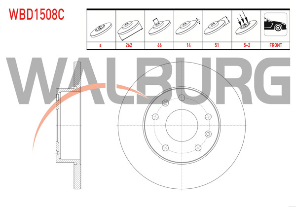 WALBURG WBD1508C | Fren Diski Ön Düz Kaplamalı Land Rover Freelander (Ln) 2.0 Td4 5 Bjn 262X14x66x51 1998-2007 | 2 Adet